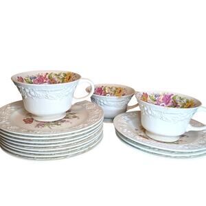 Homer Laughlin Eggshell Theme Set of 14 Plates Cups Floral Bouquet Pattern 1930s